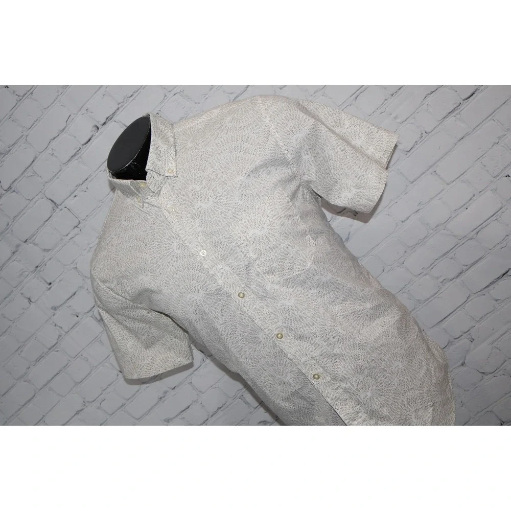 Banana Republic Dress Shirt Mens Large White Tan Geometric Floral Slim Flex Fit